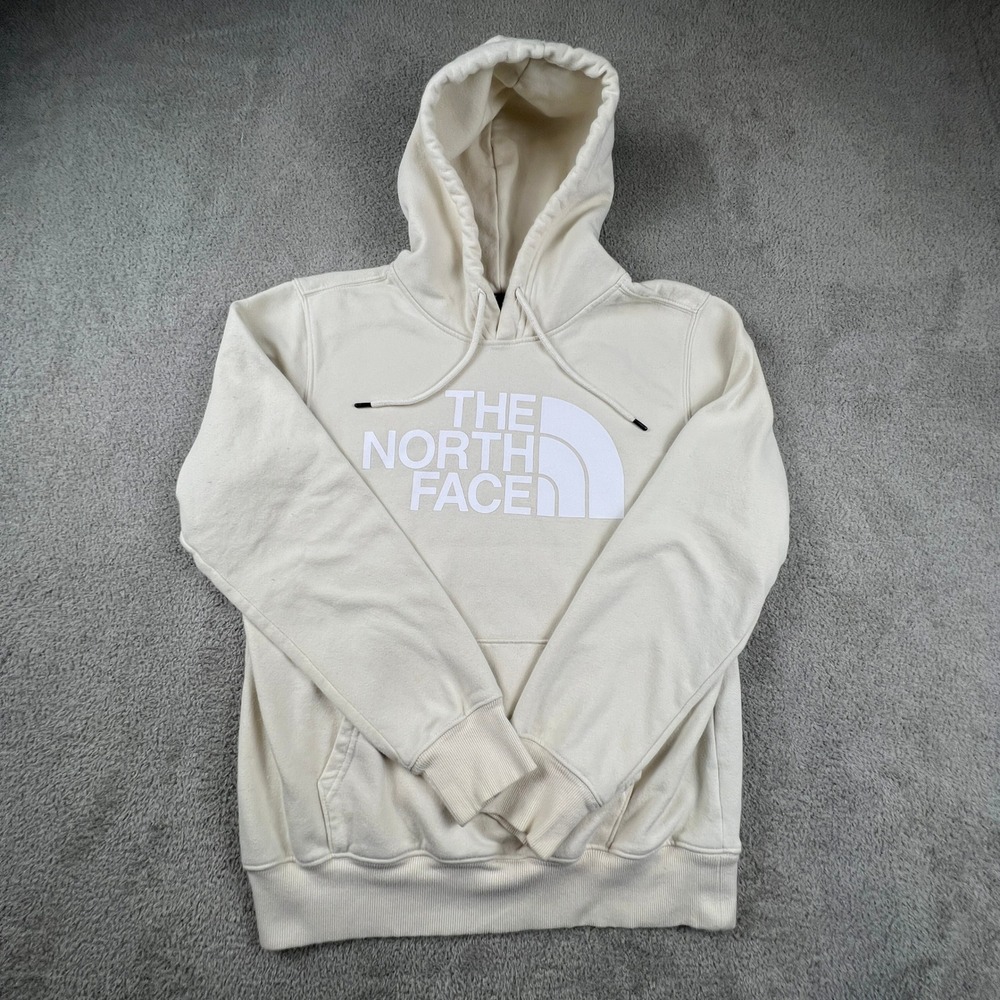 The North Face Mens Pullover Hoodie Medium Cream White Logo Sweatshirt Half Dome